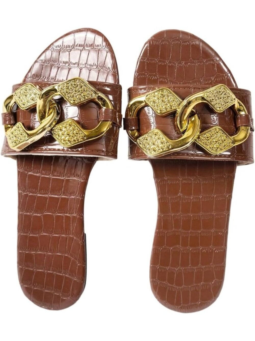 🆕Women's Brown Gold Chain Crocodile Embossed Sandals Dressy Metallic Flat